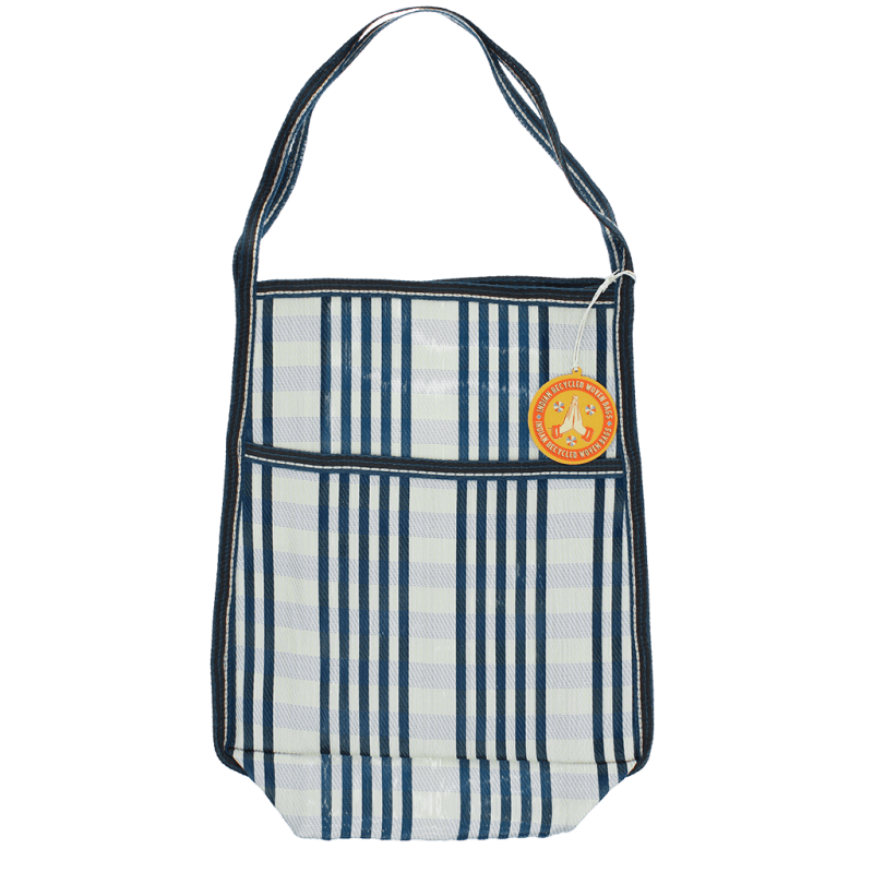 Saco em tecido reciclado com bolso lateral - Branco e azul