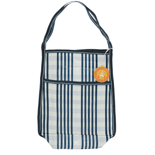 Saco em tecido reciclado com bolso lateral - Branco e azul