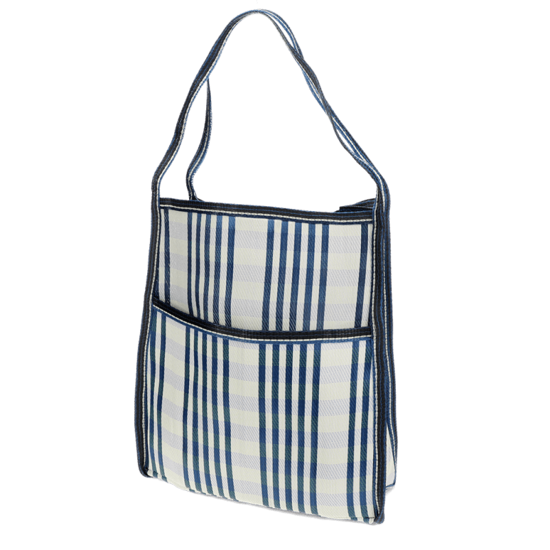 Saco em tecido reciclado com bolso lateral - Branco e azul