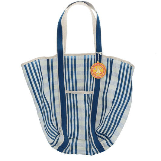 Saco em tecido reciclado com pegas em lona - Branco e azul