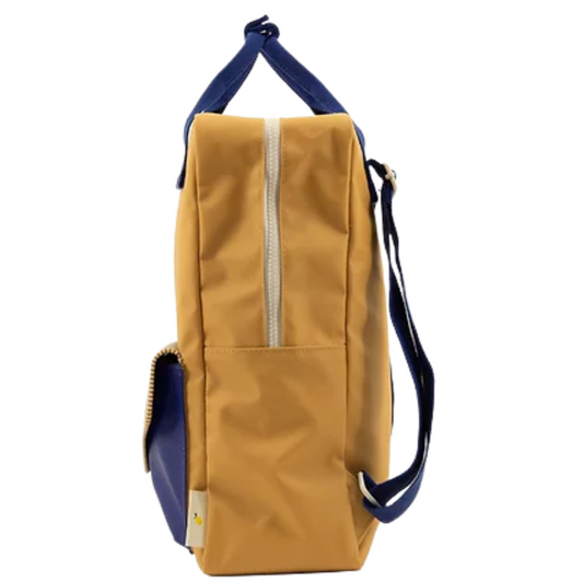 Mochila grande amarela torrado alças azul escuro bolso envelope