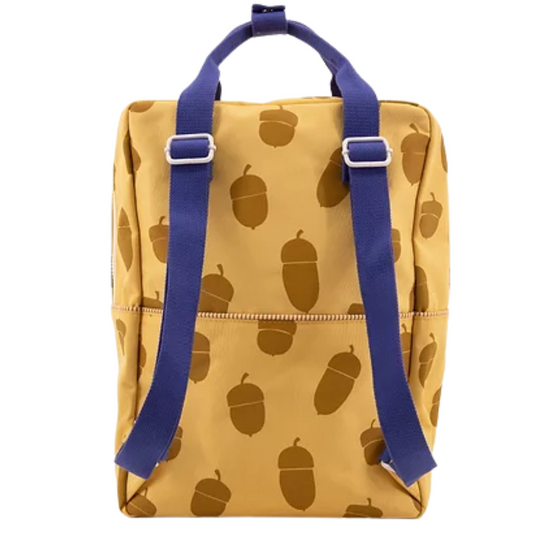 Mochila grande bolotas amarela alças azul