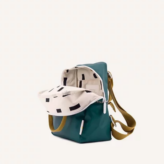 Mochila pequena verde teal alças mostarda