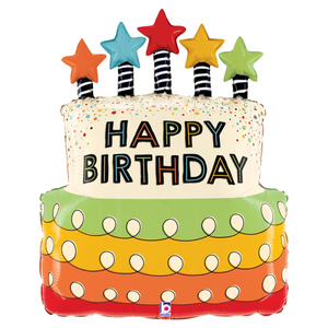 Balão bolo "happy birthday" velas estrelas coloridas