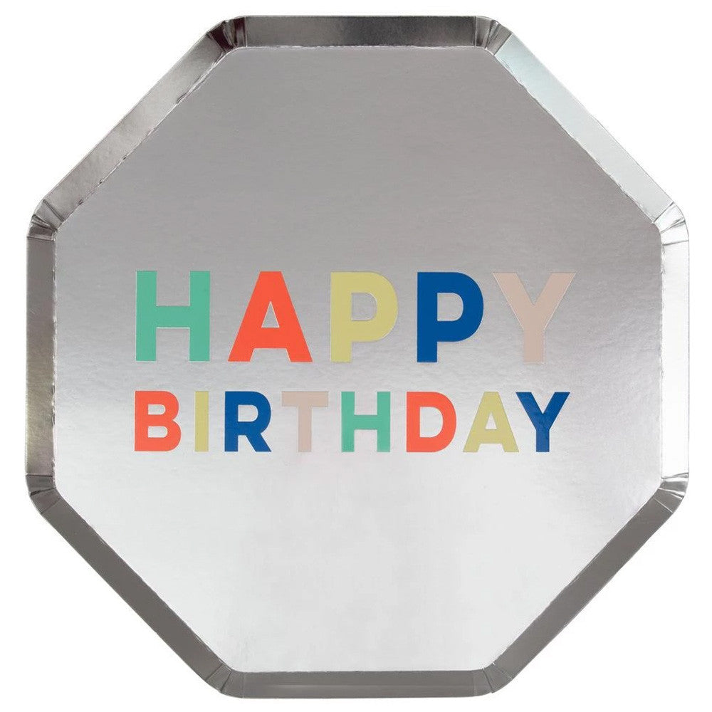 Pratos octogonais "happy birthday" prateados