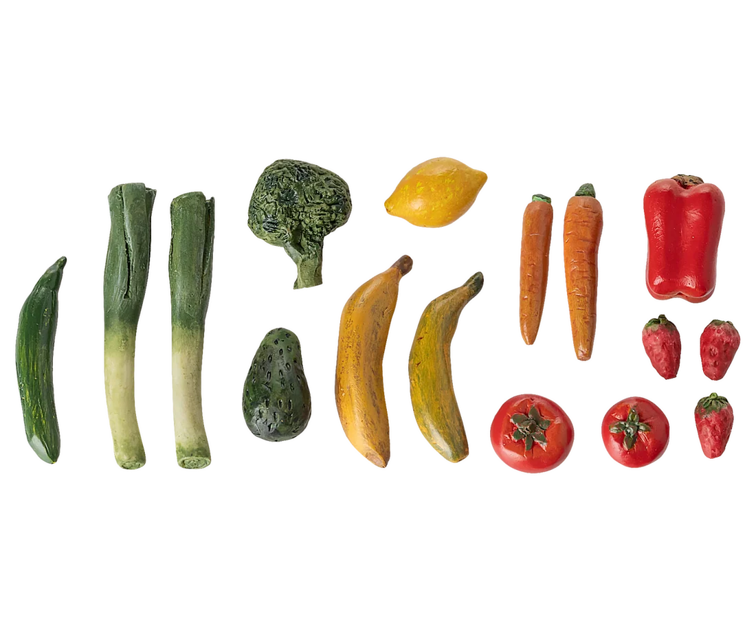 Legumes e frutas em miniatura
