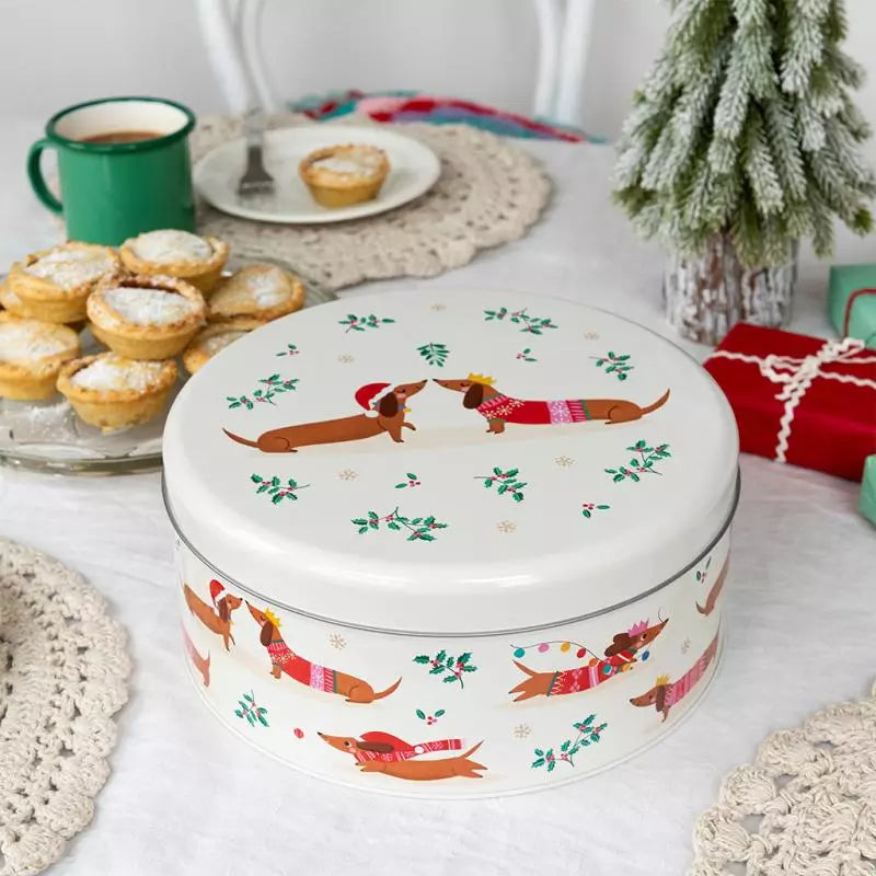 Caixa de lata cão salsicha natal