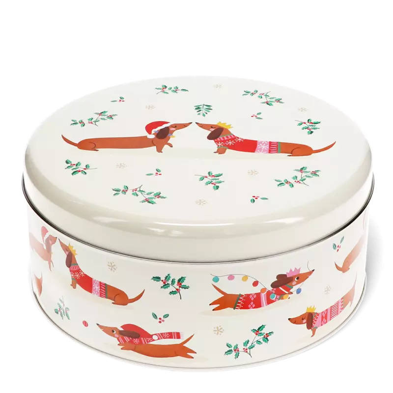 Caixa de lata cão salsicha natal