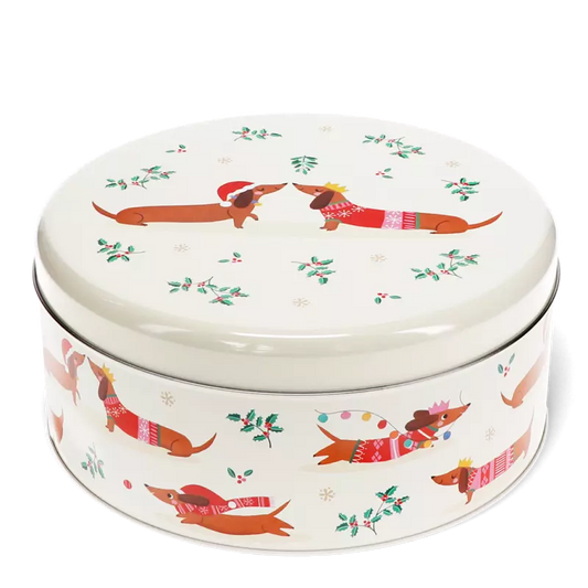Caixa de lata cão salsicha natal