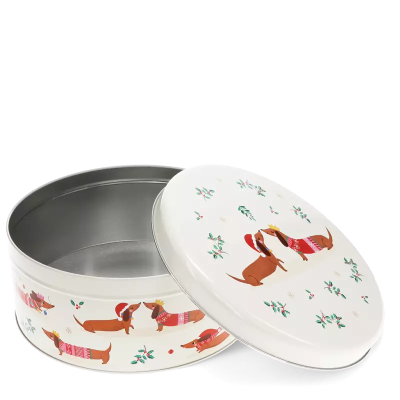 Caixa de lata cão salsicha natal