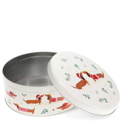 Caixa de lata cão salsicha natal