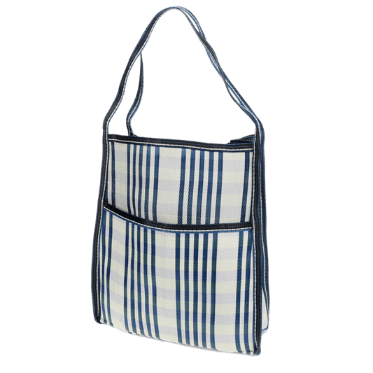 Saco em tecido reciclado com bolso lateral - Branco e azul
