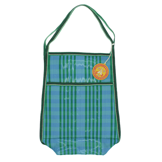 Saco em tecido reciclado com bolso lateral - Azul e verde