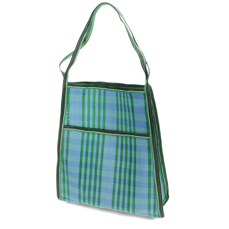 Saco em tecido reciclado com bolso lateral - Azul e verde