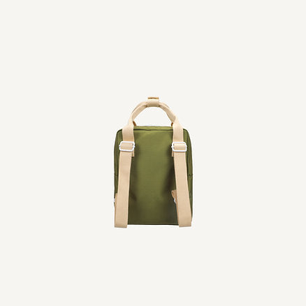 Mochila pequena verde envelope azul quadradinhos