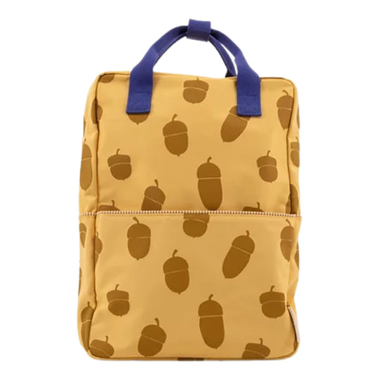 Mochila grande bolotas amarela alças azul