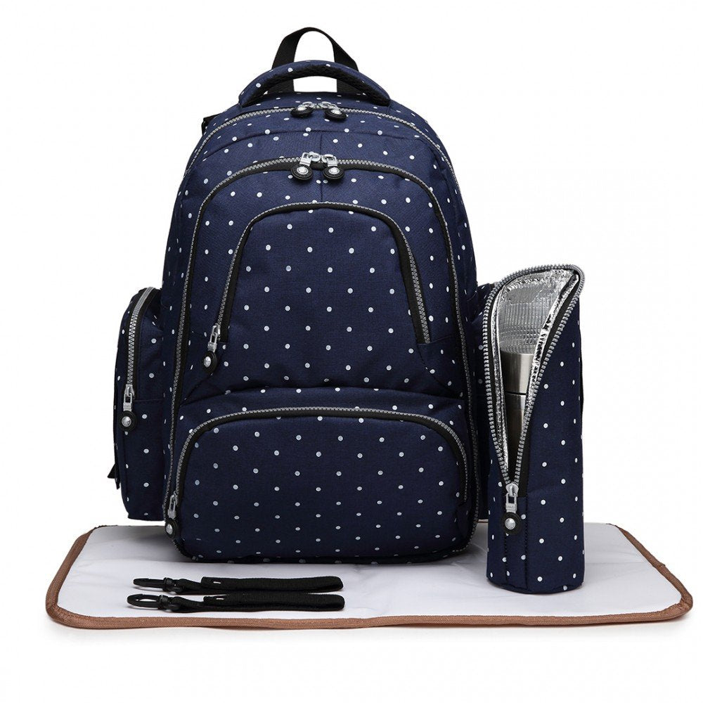 Mochila maternidade azul escuro pintinhas brancas