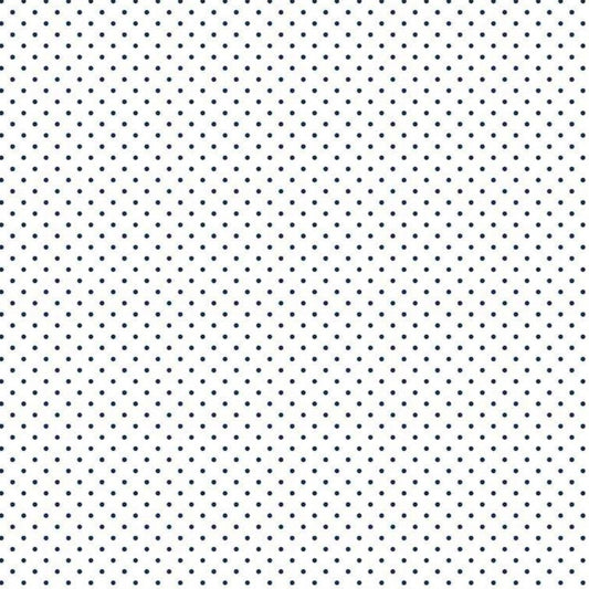 Tecido branco bolinhas azul navy