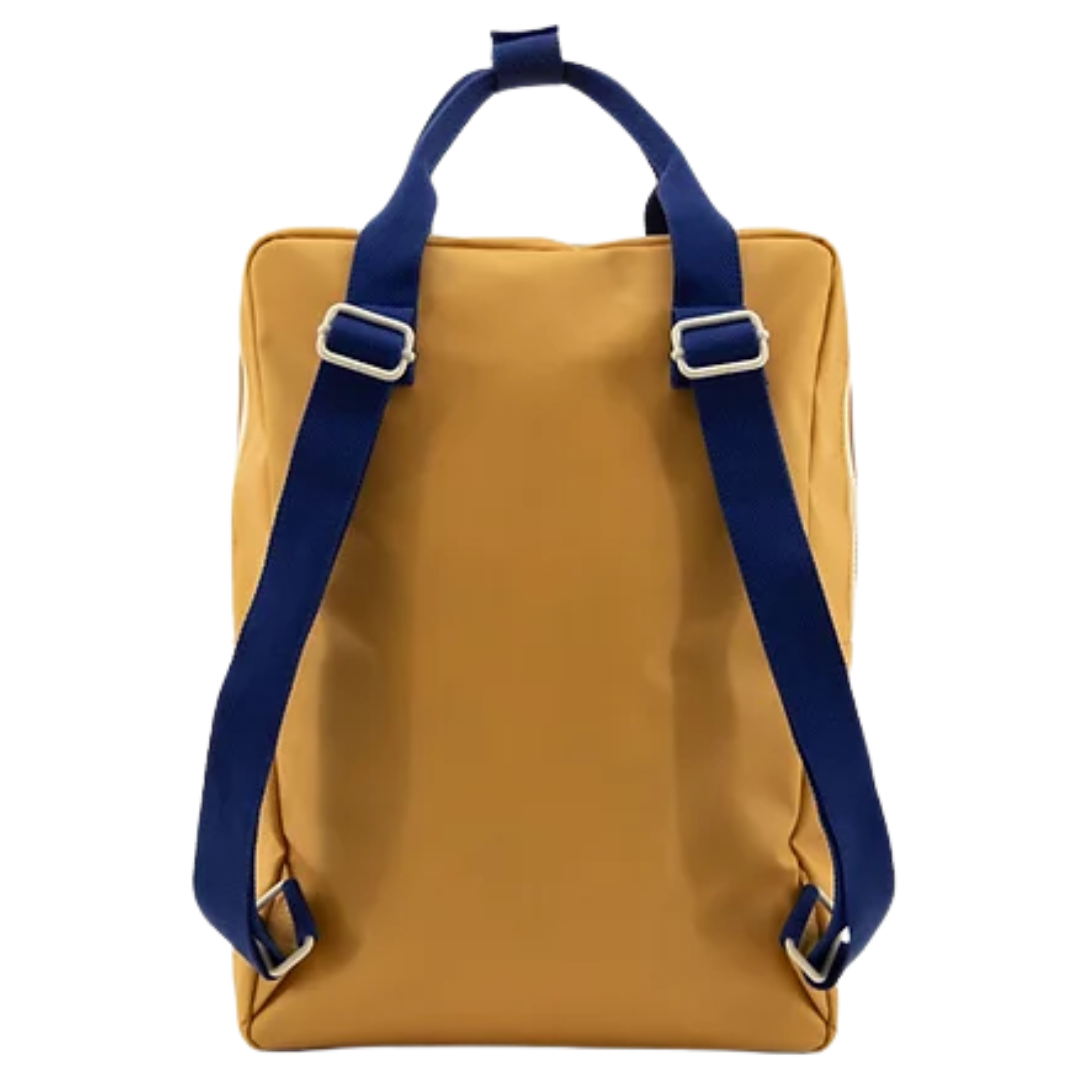 Mochila grande amarela torrado alças azul escuro bolso envelope