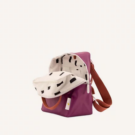 Mochila pequena roxa alças coral