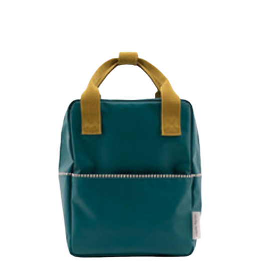 Mochila pequena verde teal alças mostarda